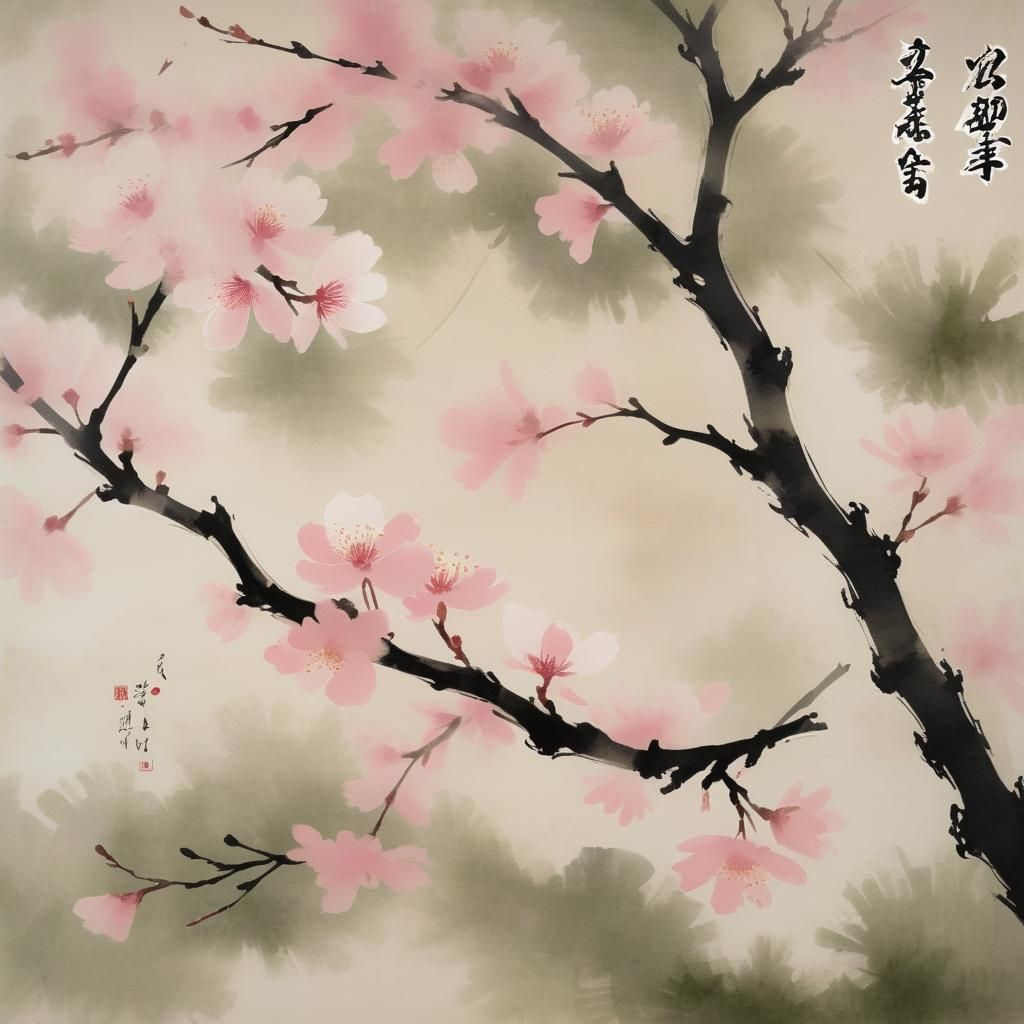 Sakura Blossoms in Sumi-e and Minimalist Style