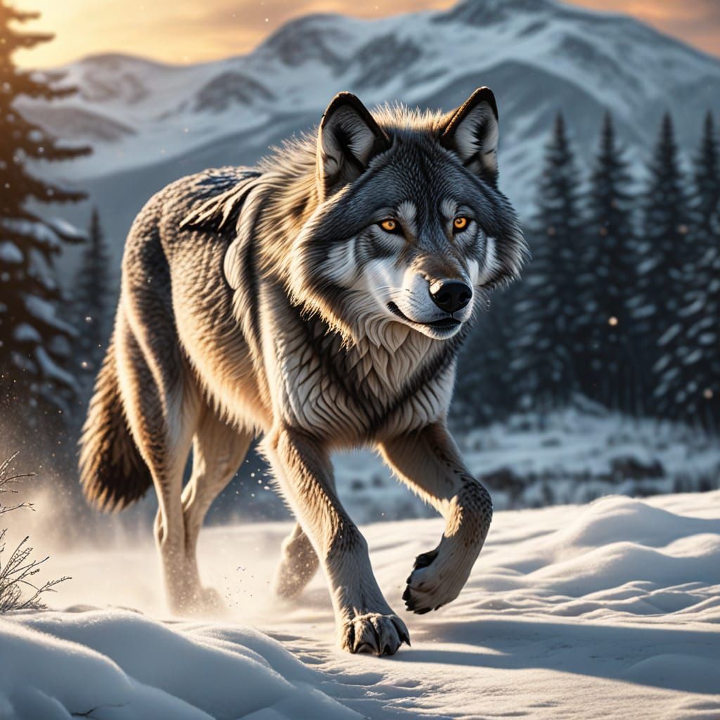 Dramatic Wolf Run in Snowy Mountain Landscape