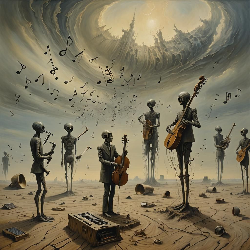 Surreal Musical Humanoids in a Desolate Landscape