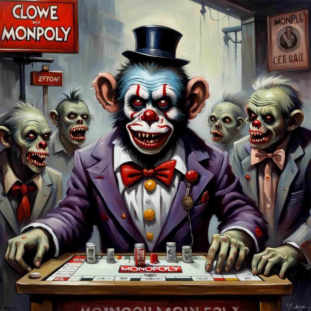 Zombie Monkey Clown Plays Monopoly, Oil Painting