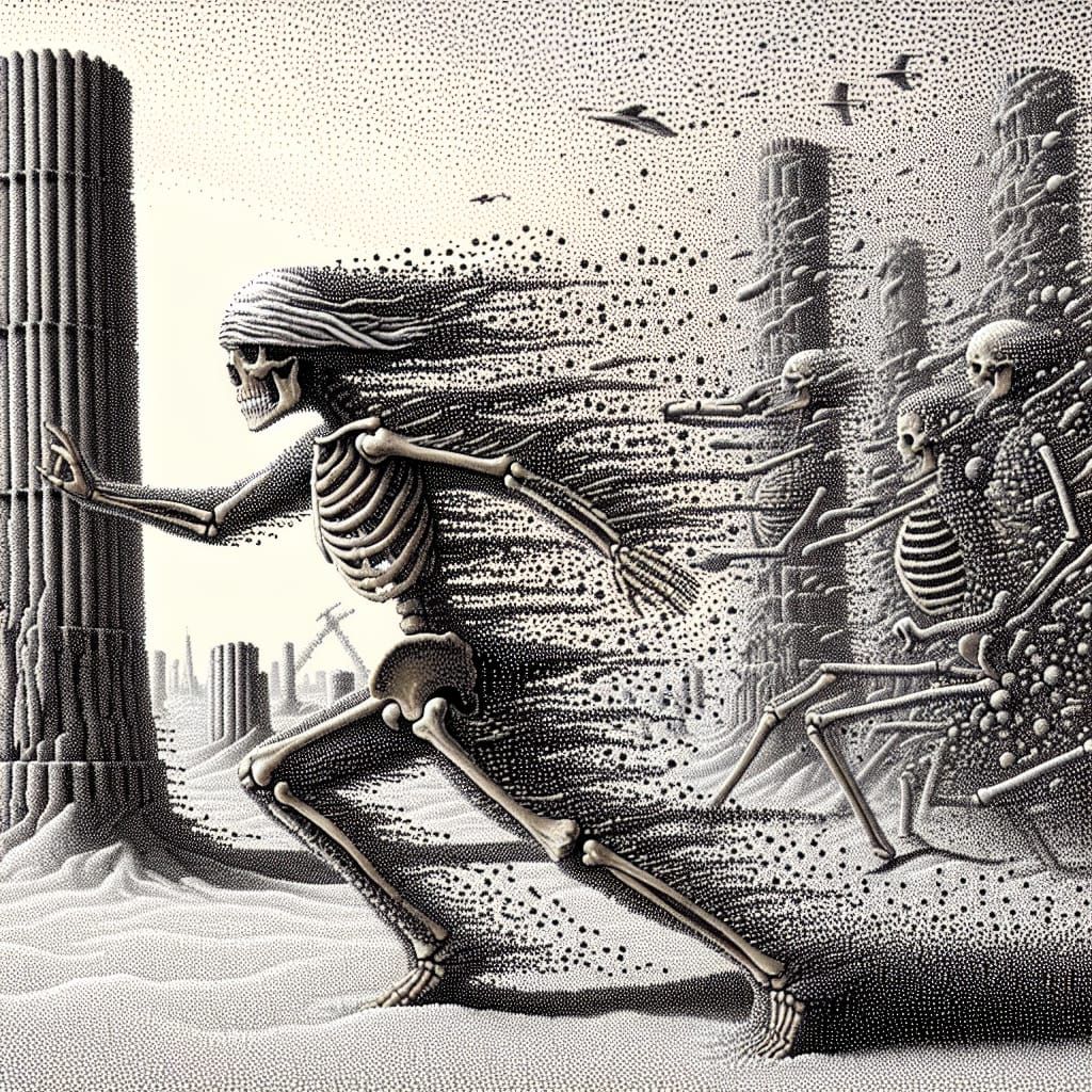 Pointillist Skeleton Dissolving into Desert Wind