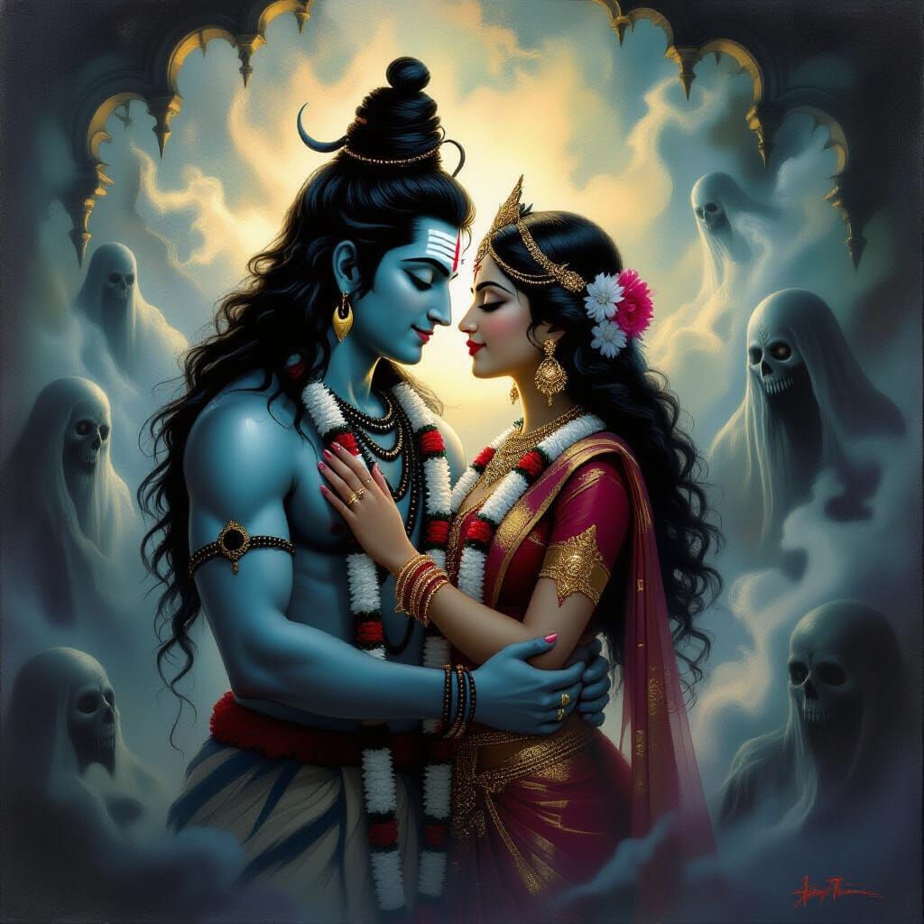 Shiva and Parvati's Embrace Amidst Ethereal Darkness