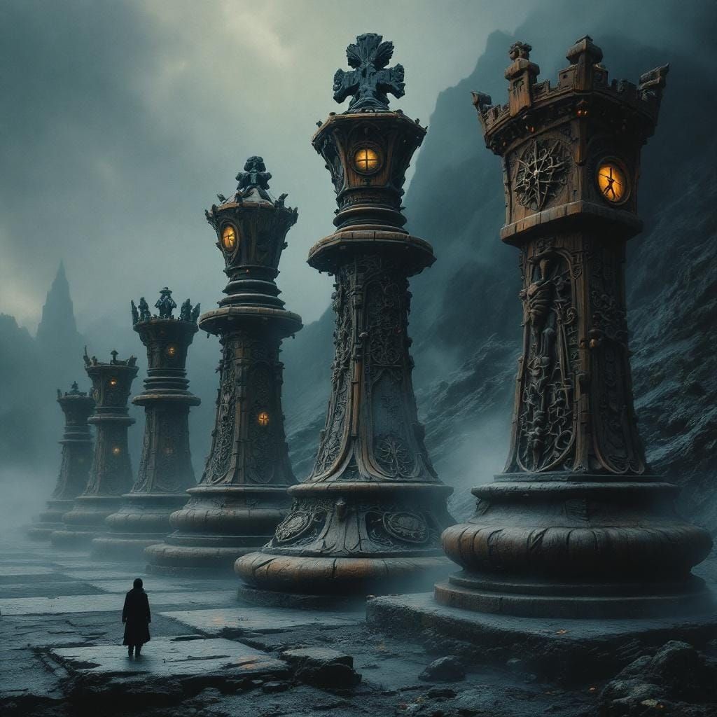 Surreal Dreamscape with Giant Wooden Chess Pieces