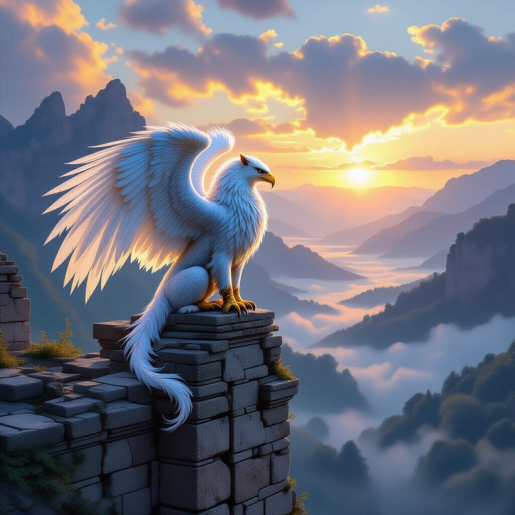 Majestic Griffin Over Misty Valley at Dawn