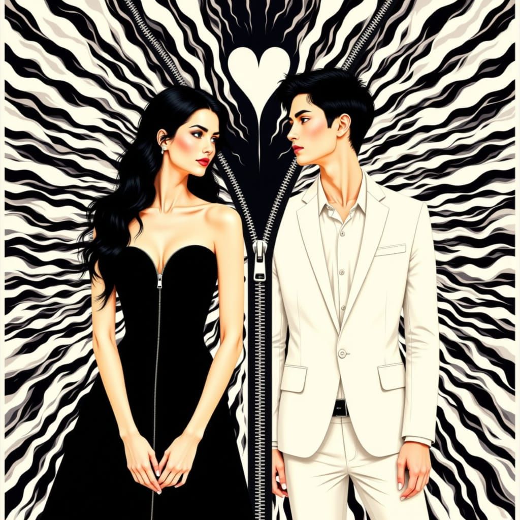 Hearts Connected by Zipper in Op Art Style