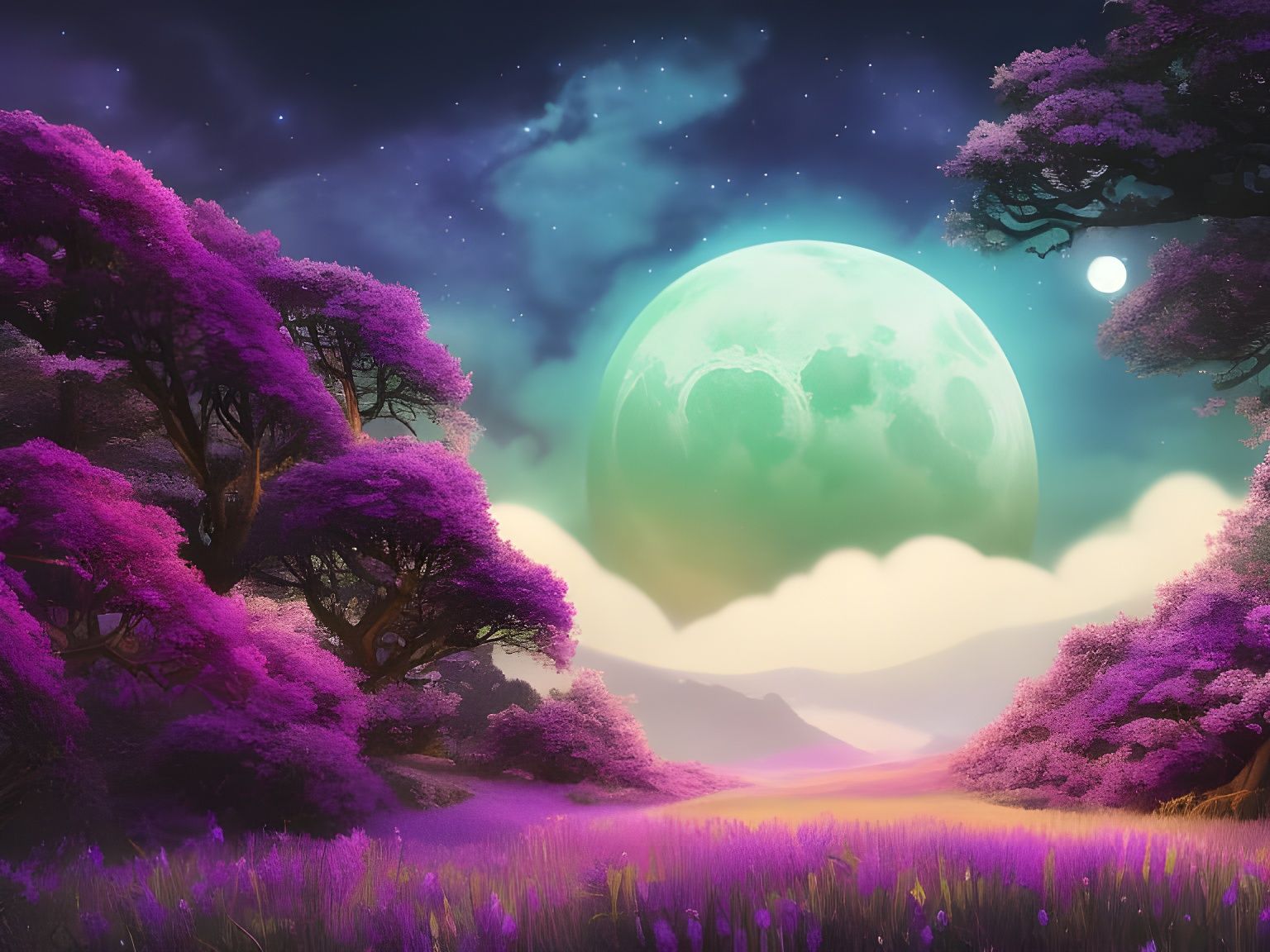 Enchanted Hillside Under Floral Night Sky