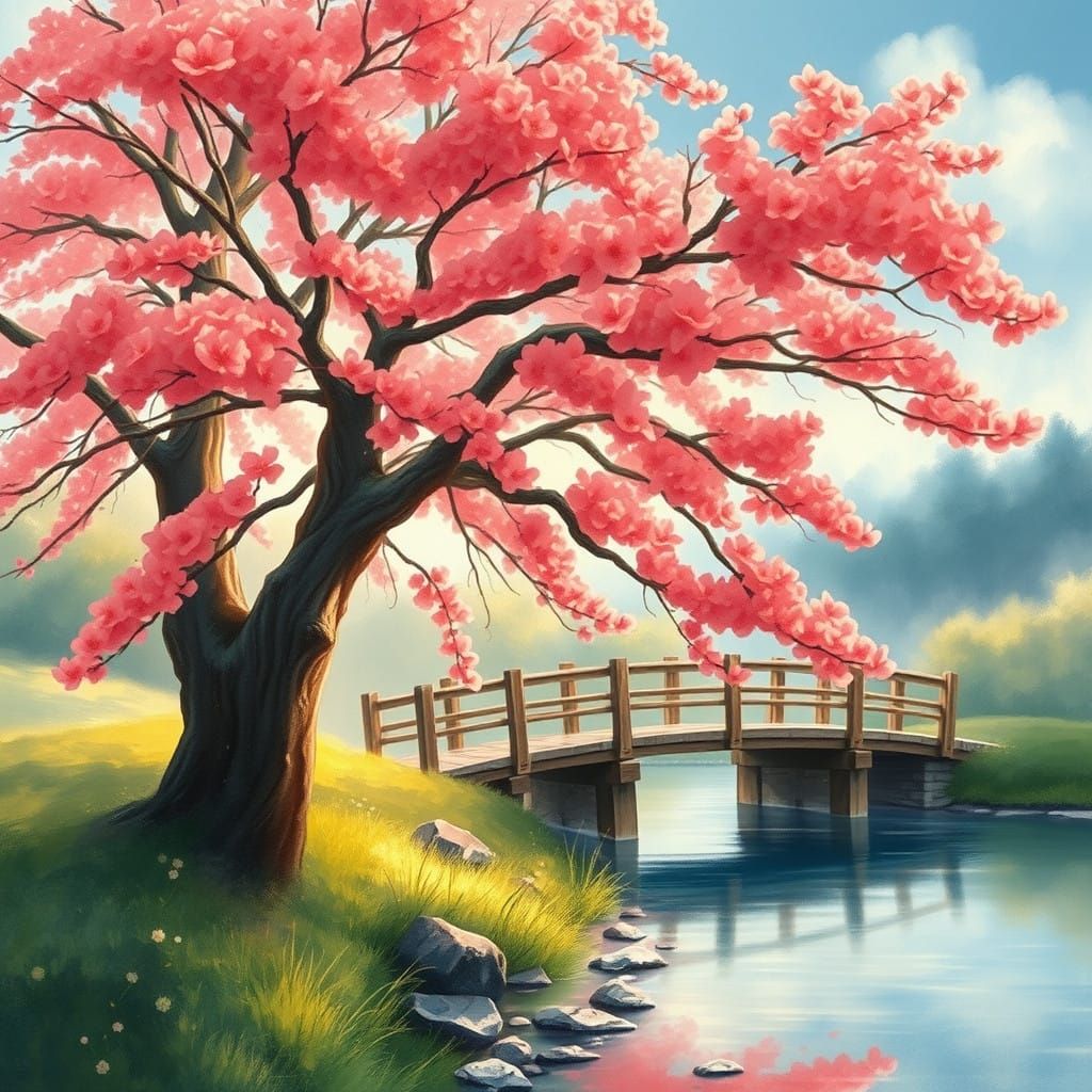 Majestic Blossoming Tree with Red Flowers and Serene Creek S...