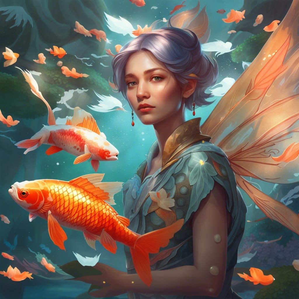 Fairy with Iridescent Wings Playing with Koi