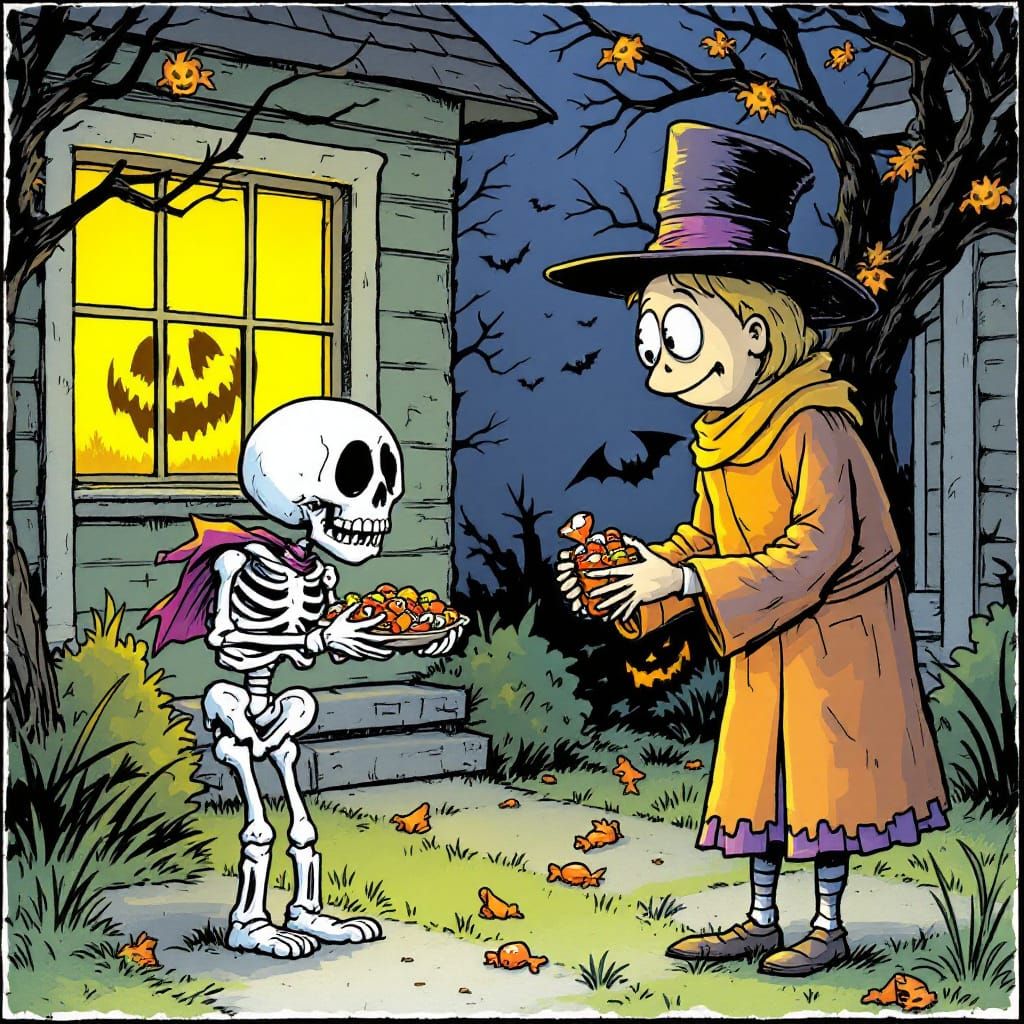 A scared little skeleton trick-or-treating at a house with a nice human giving out candy. the caption is, "Don't be scar...
