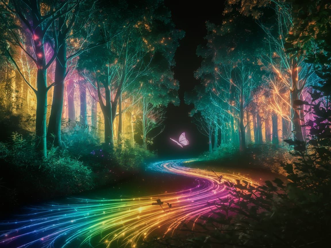 Vibrant Forest Scene with Colorful Lights and Projections
