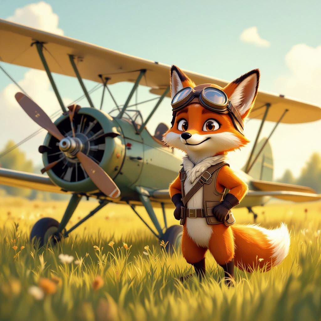 Whimsical Fox Pilot Beside Vintage Biplane in Meadow