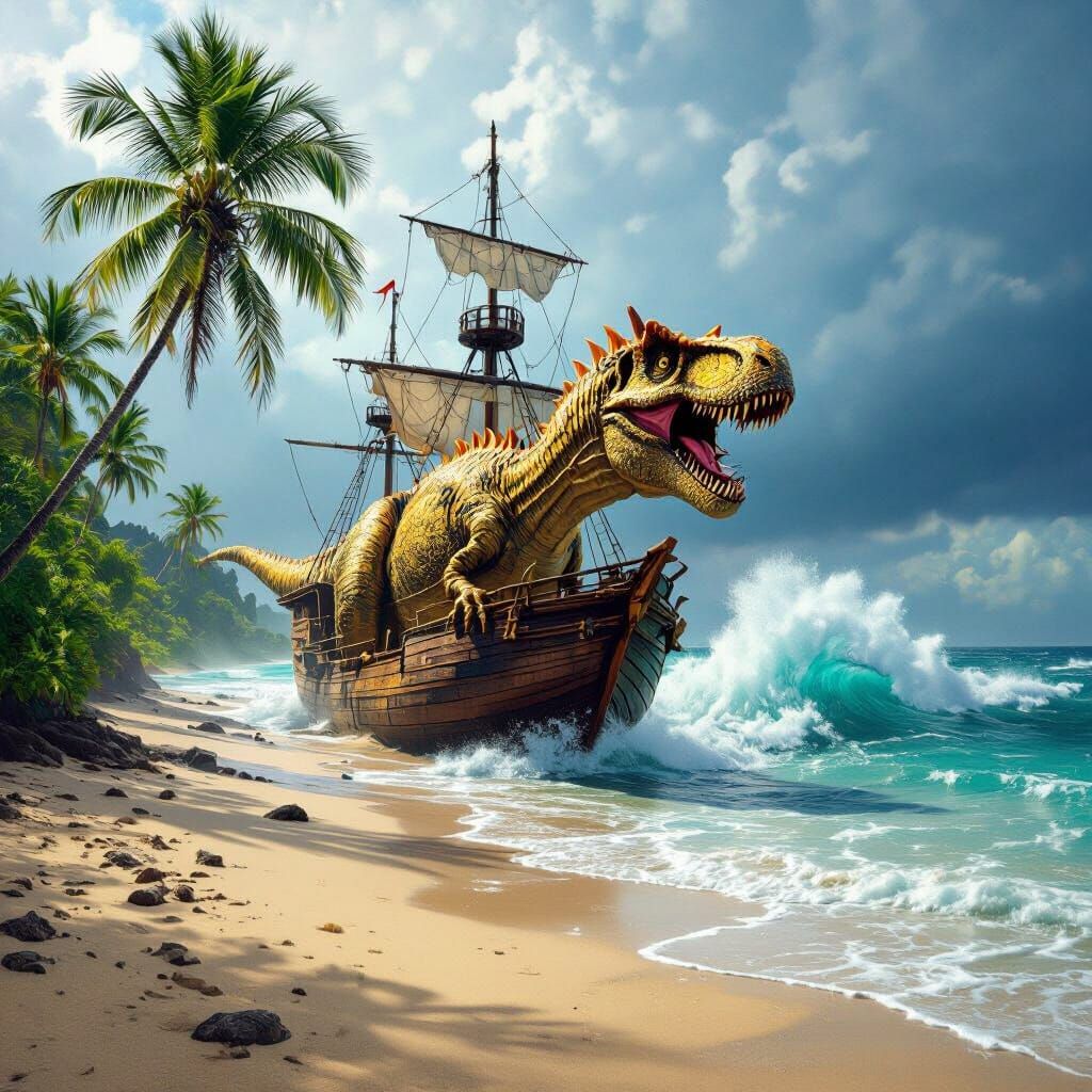 Golden Dinosaur Wrecked Ship on Tropical Island Approaching ...
