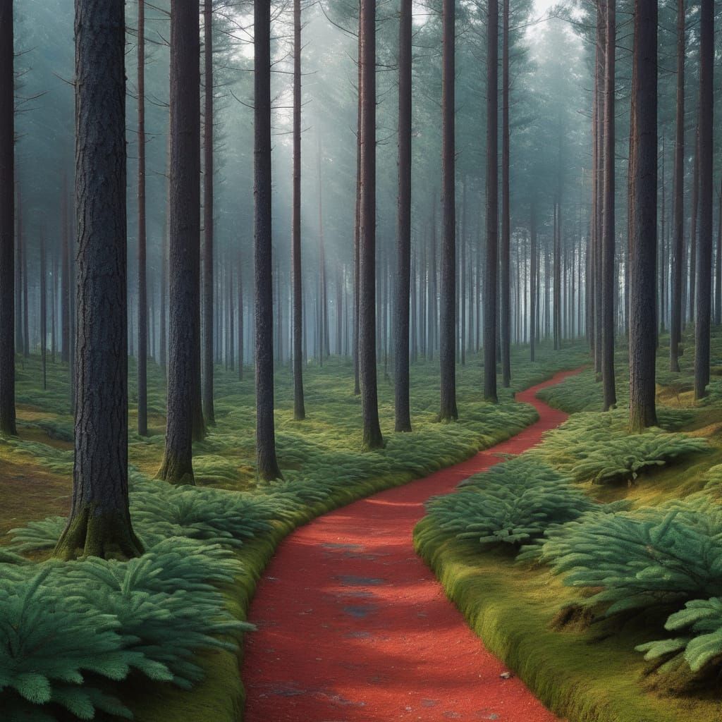 Pine and fir forest path, fresh morning light, crisp clear a...