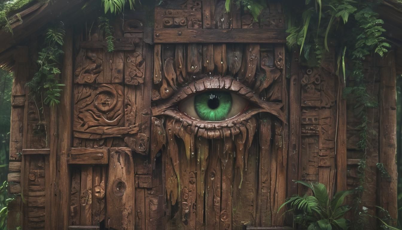 Hyperrealistic Wood House Amidst Aztec Jungle with Glowing G...