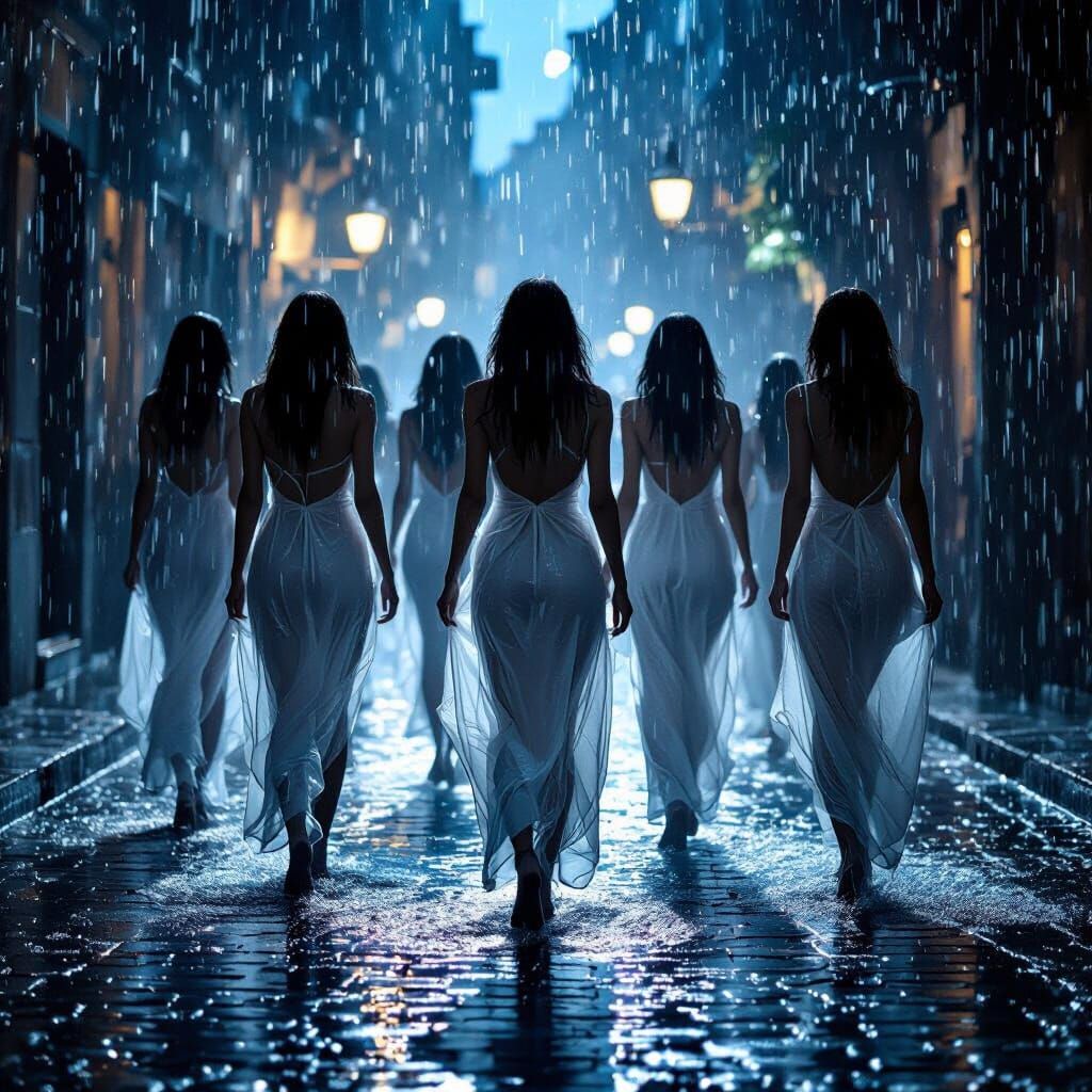 Women in Wet White Dresses in a Dramatic Downpour