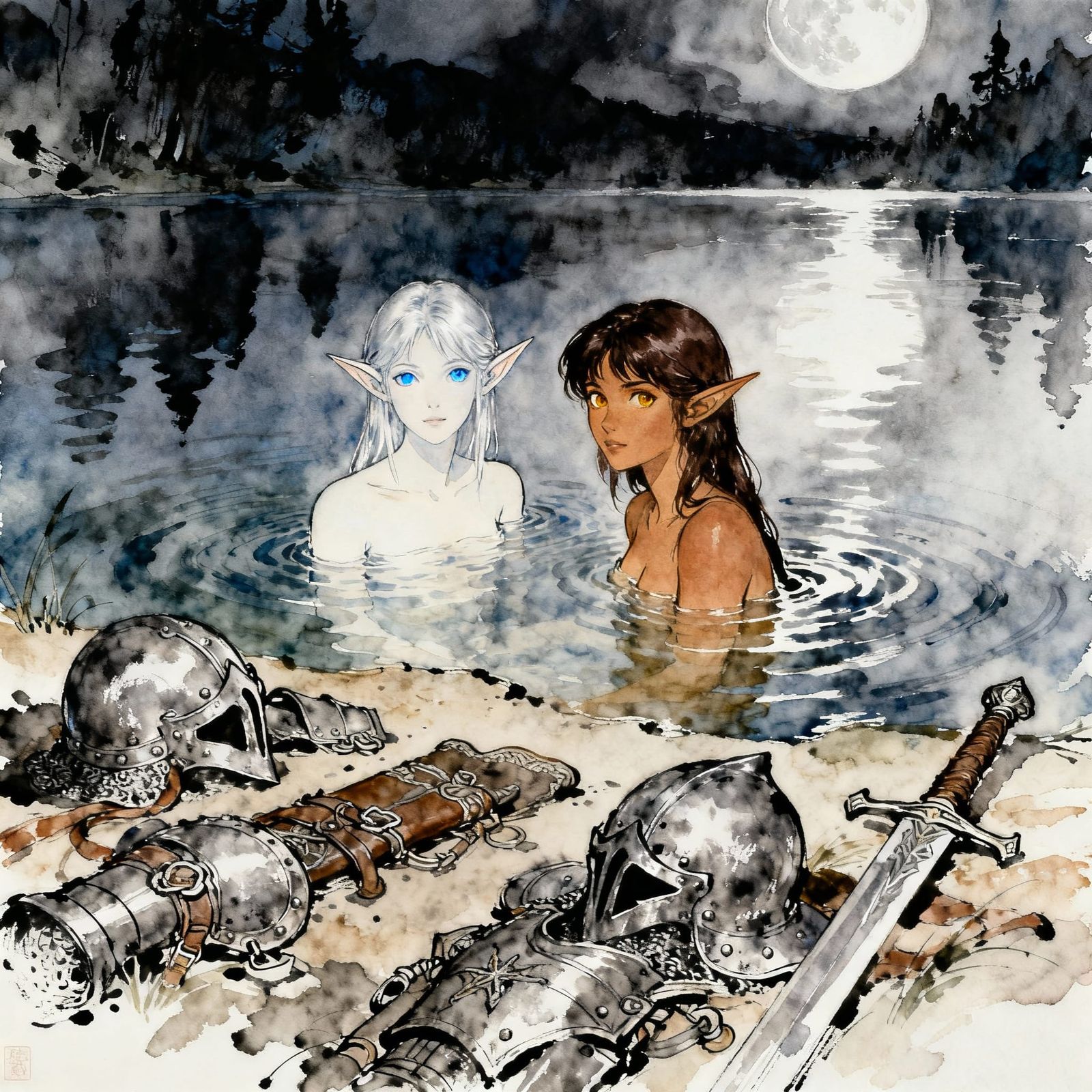 Ink and Watercolor Painting of Adventurers Bathing in Moonli...