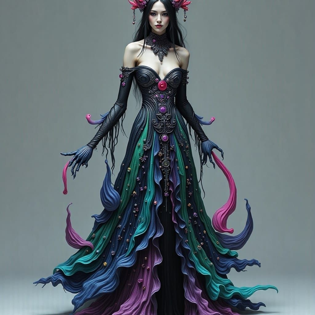 Stunning Woman in Futuristic Attire with Intricate Beading a...