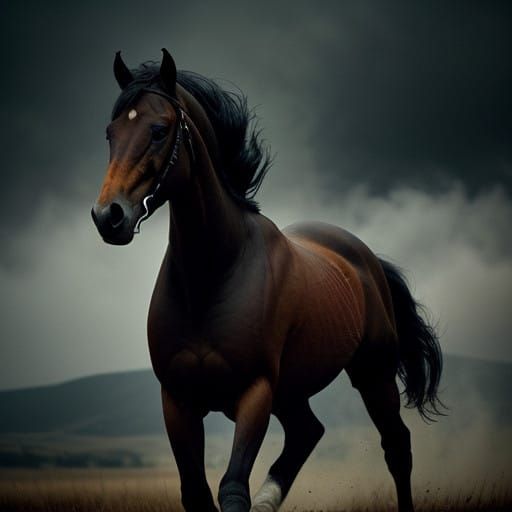 Epic Horse Gallops Through Smoky Dystopian Landscape