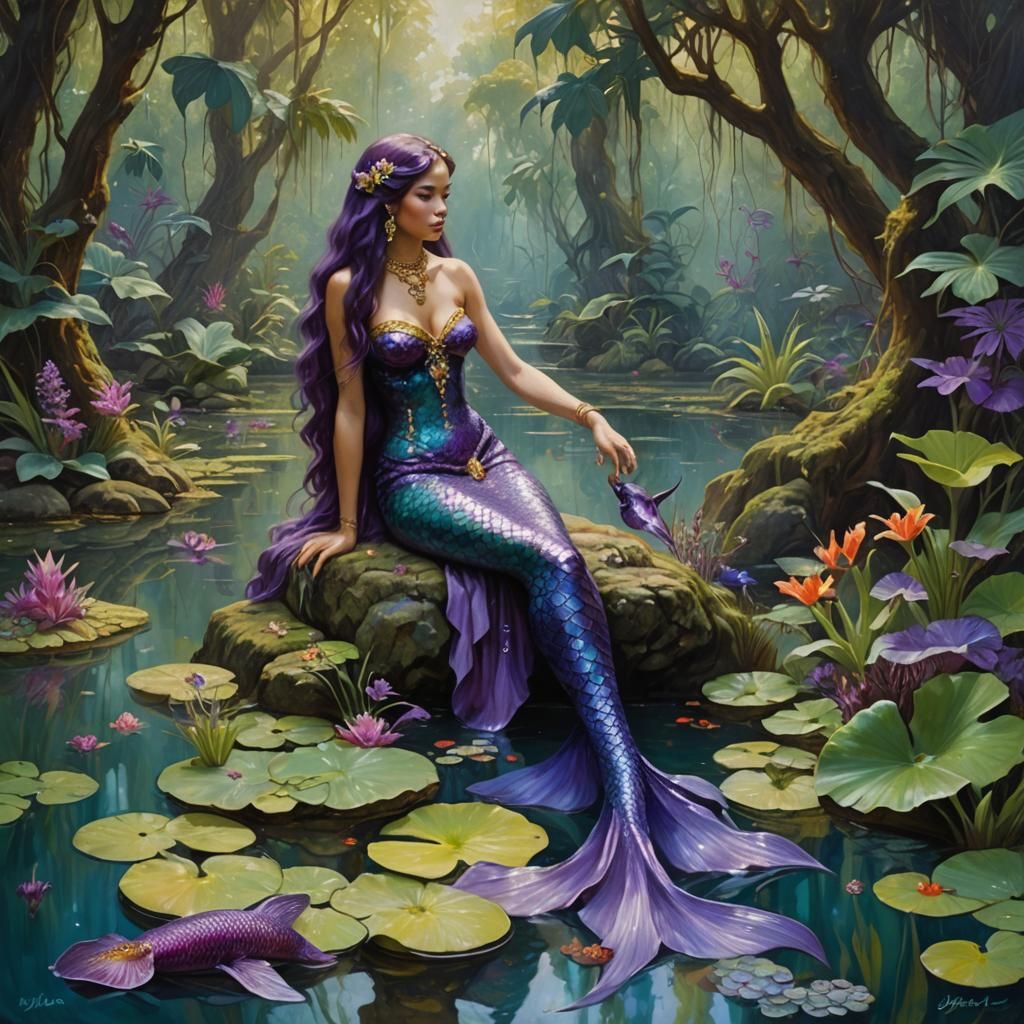 Jeweled Mermaid in Jungle Pond: An Oil Painting