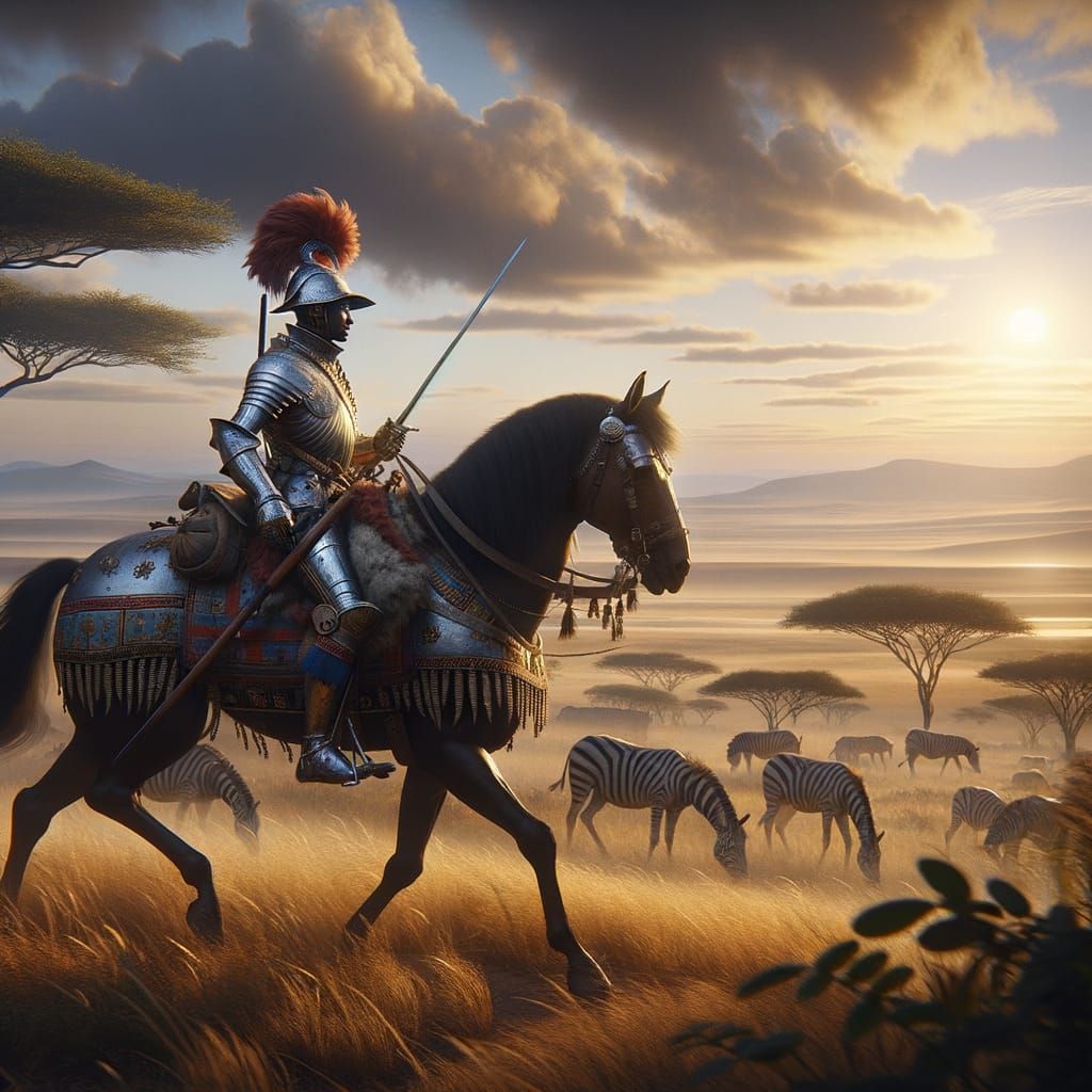 Bantu Cuirassier on African Plains at Sunset