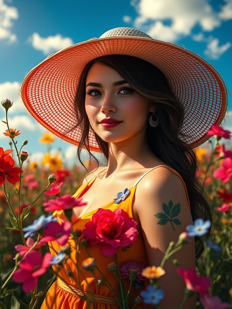Surreal Summer Goddess in Vibrant Floral Field