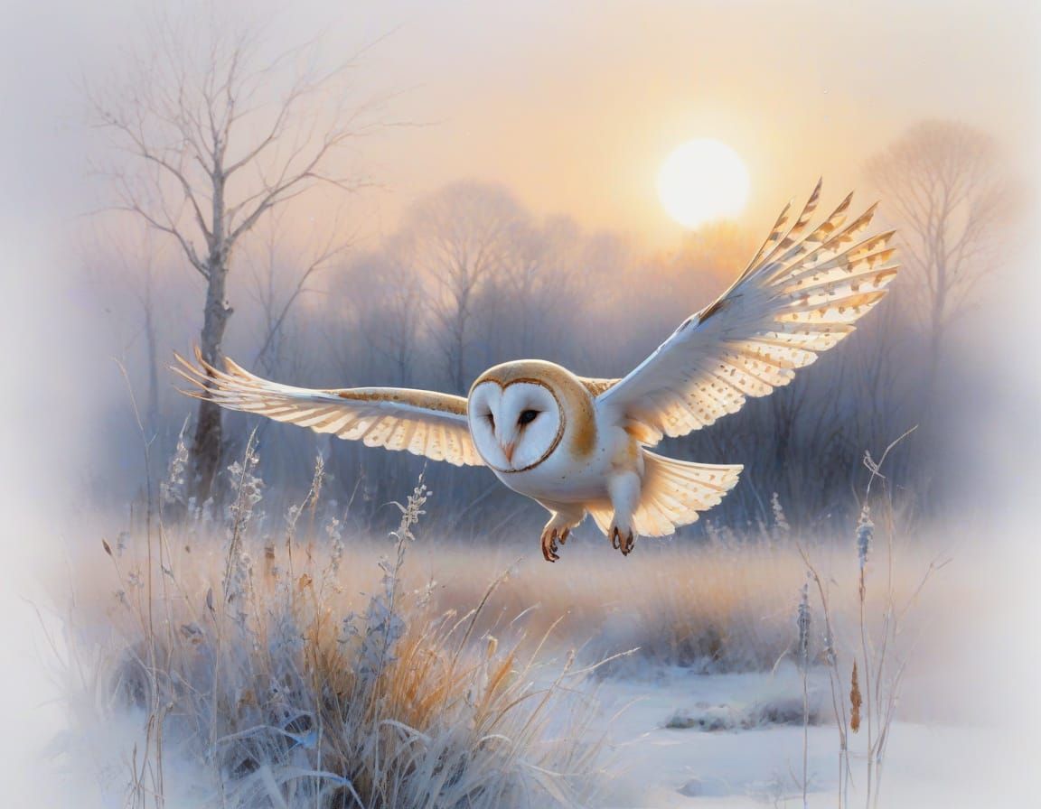 Barn Owl Gliding Over Frosty Meadow at Dawn