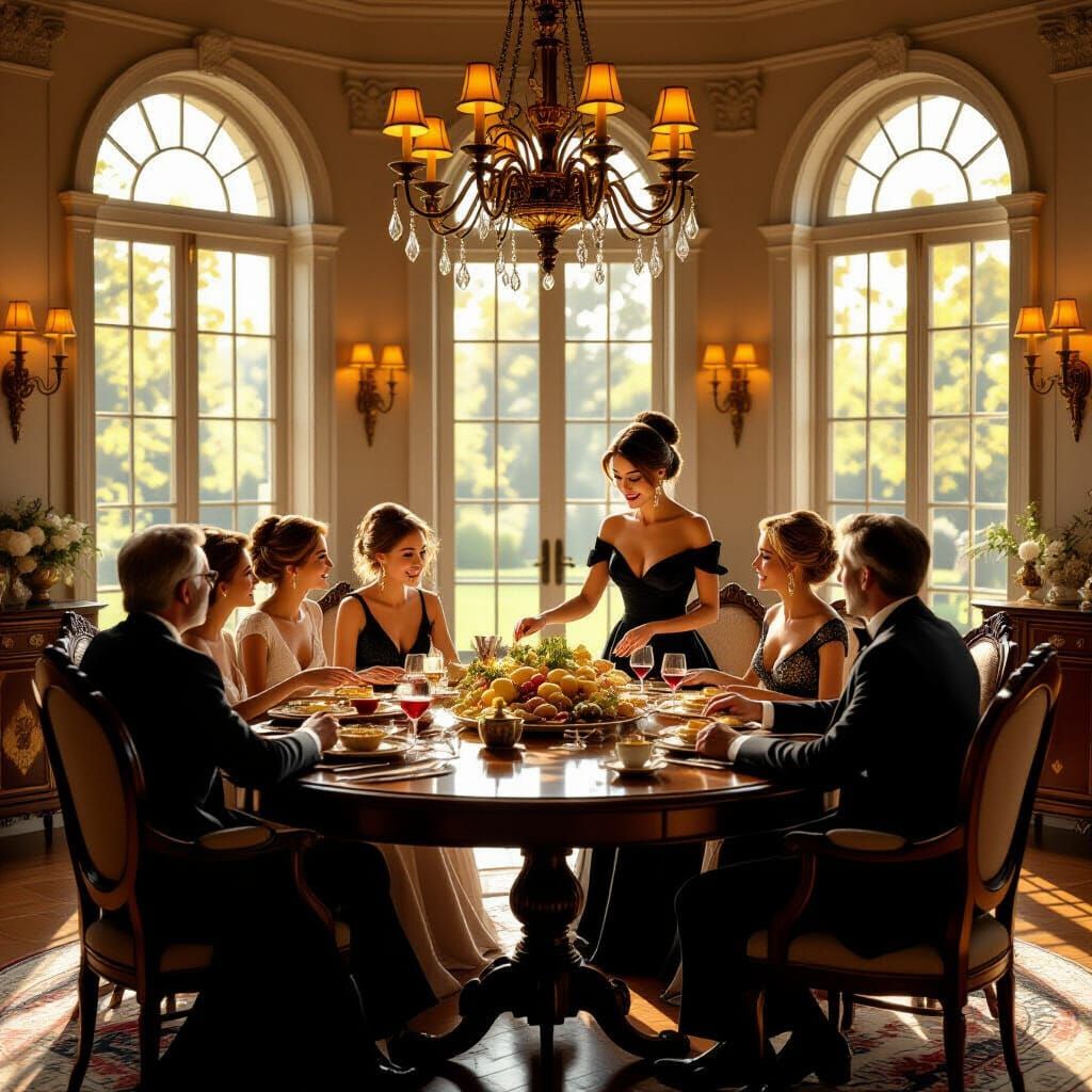 Joyful Family Feast in Sunlit Manor