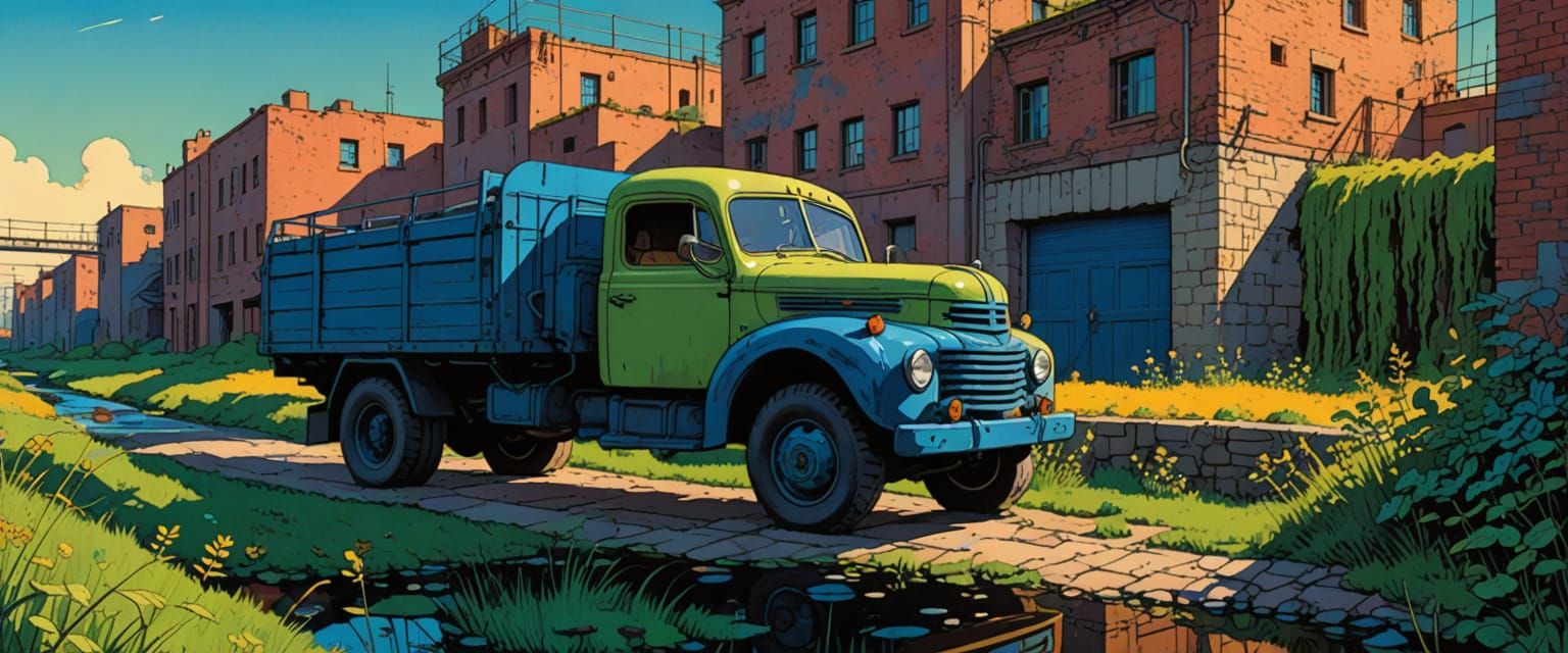 Abandoned Factory District in Comic Book Style