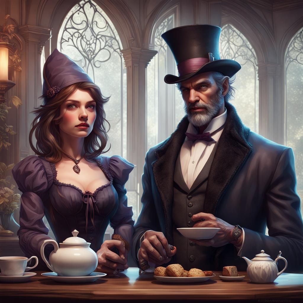 Witch and Werewolf Teatime in Gothic Art Nouveau Style