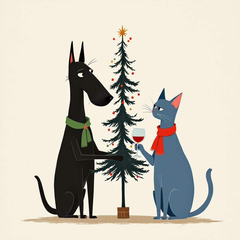 Dog and Cat Toasting Christmas in Minimalist Style