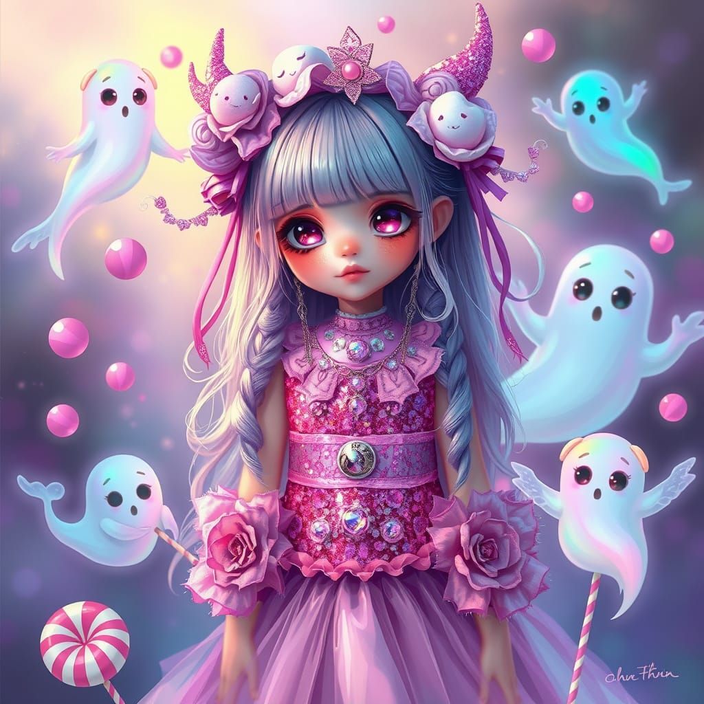 Whimsical Girl with Ghosties in Neon Iridescent Style