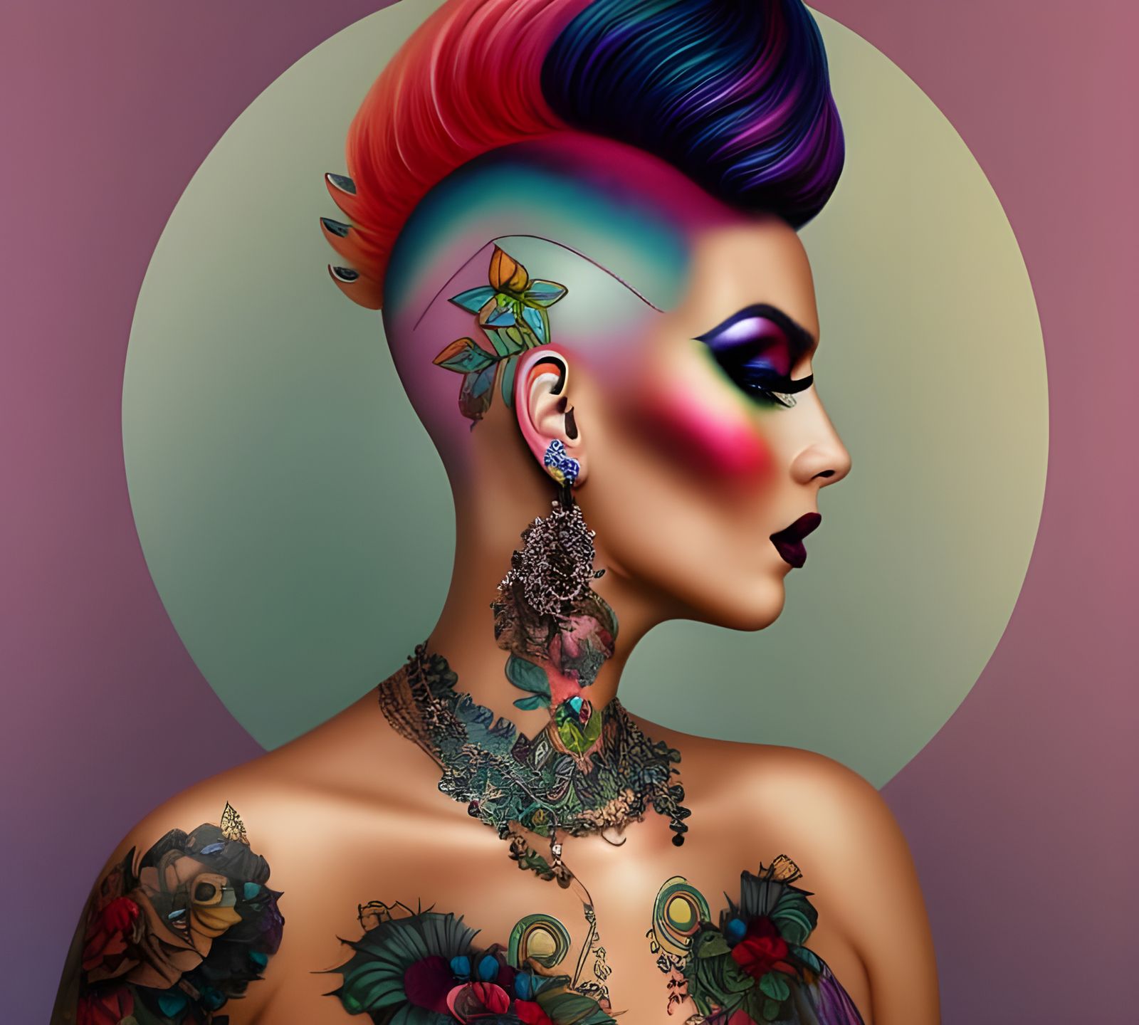 Tattooed Mohawk Woman Portrait in Pastel Colors