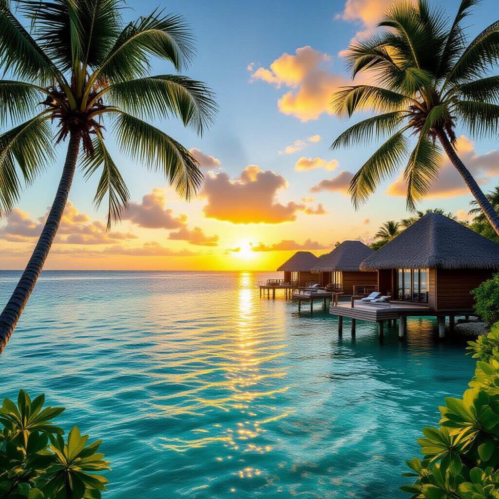 Caribbean Island Paradise With Overwater Bungalows At Sunset