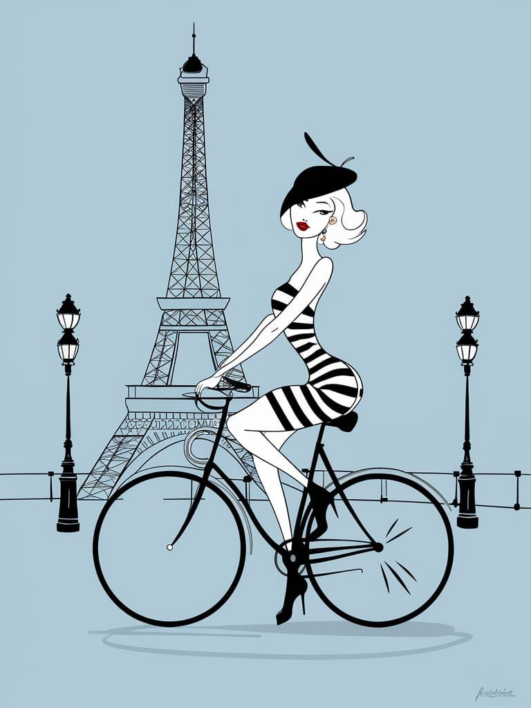 Chic Woman Cycles Past Eiffel Tower: Minimalist Illustration