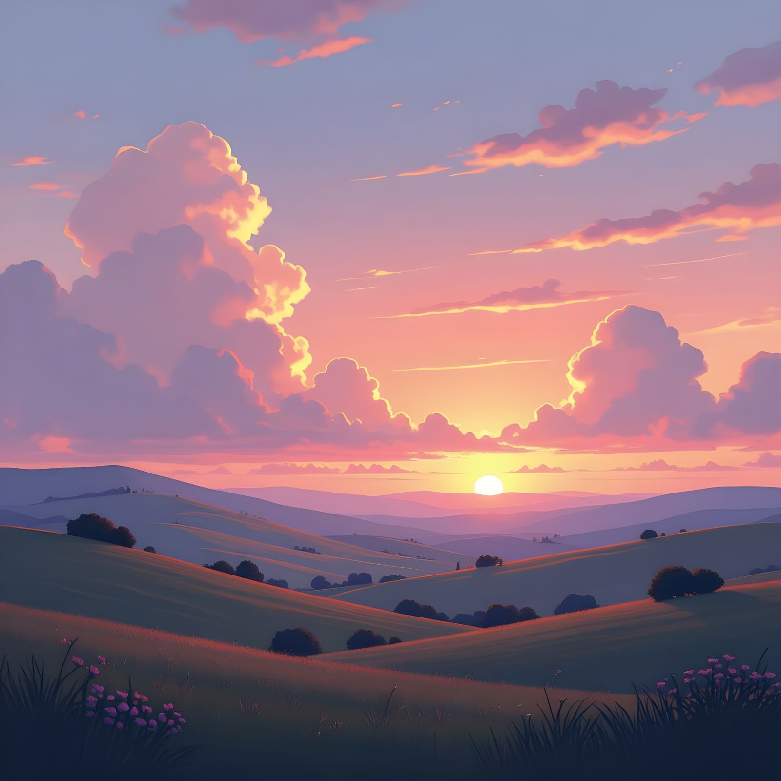 Dreamy Sunset Landscape with Rolling Hills
