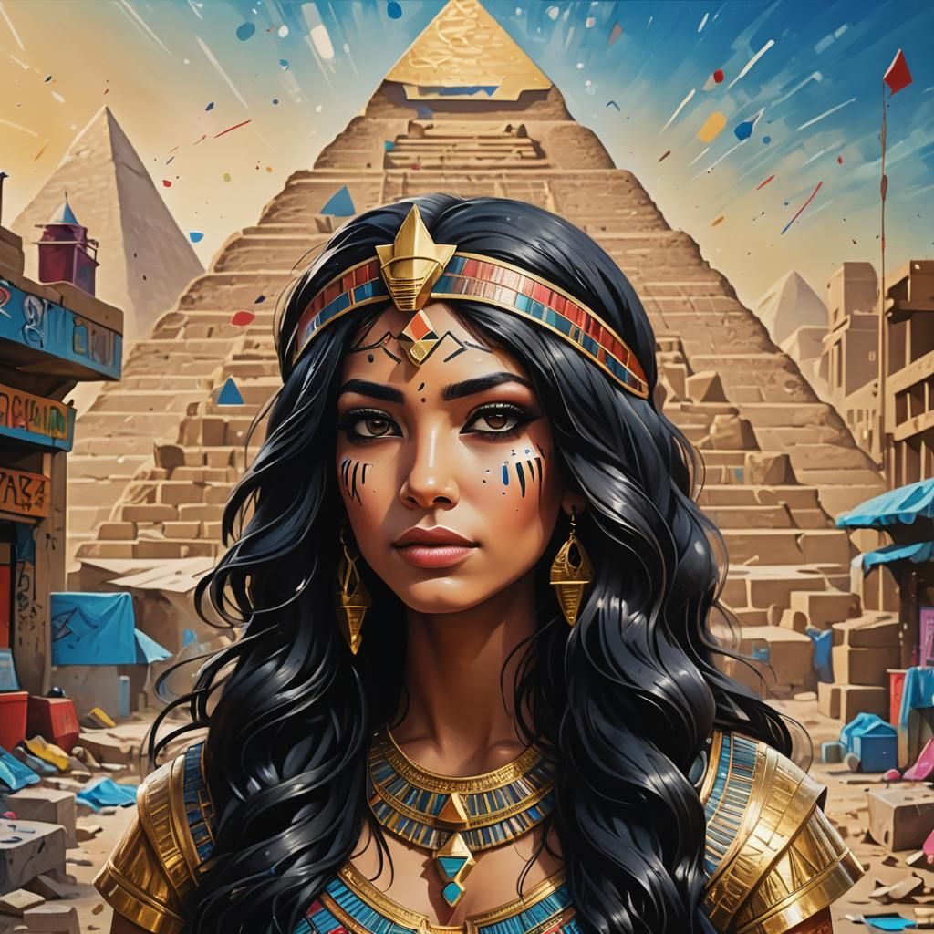 Beautiful Egyptian Princess with Pyramid, in Graffiti Art St...