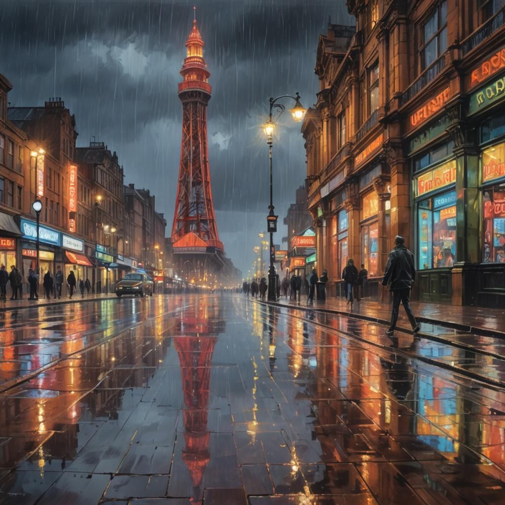 Blackpool Tower in Rain: Oil Painting at Night