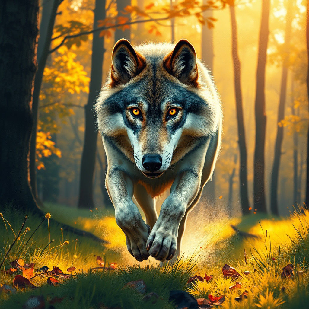 Wolf Runs Through Forest: Digital Wildlife Illustration