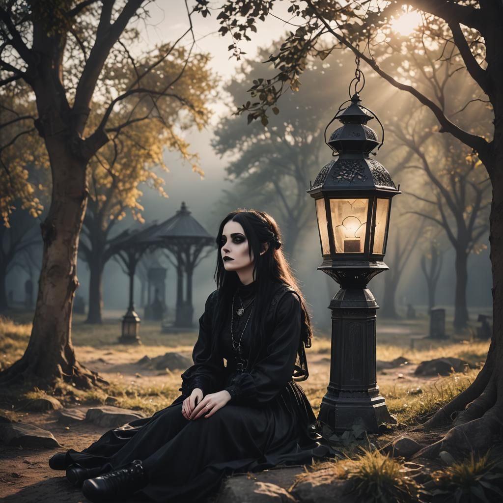 Lonely Goth Girl by Lantern in Divine Light