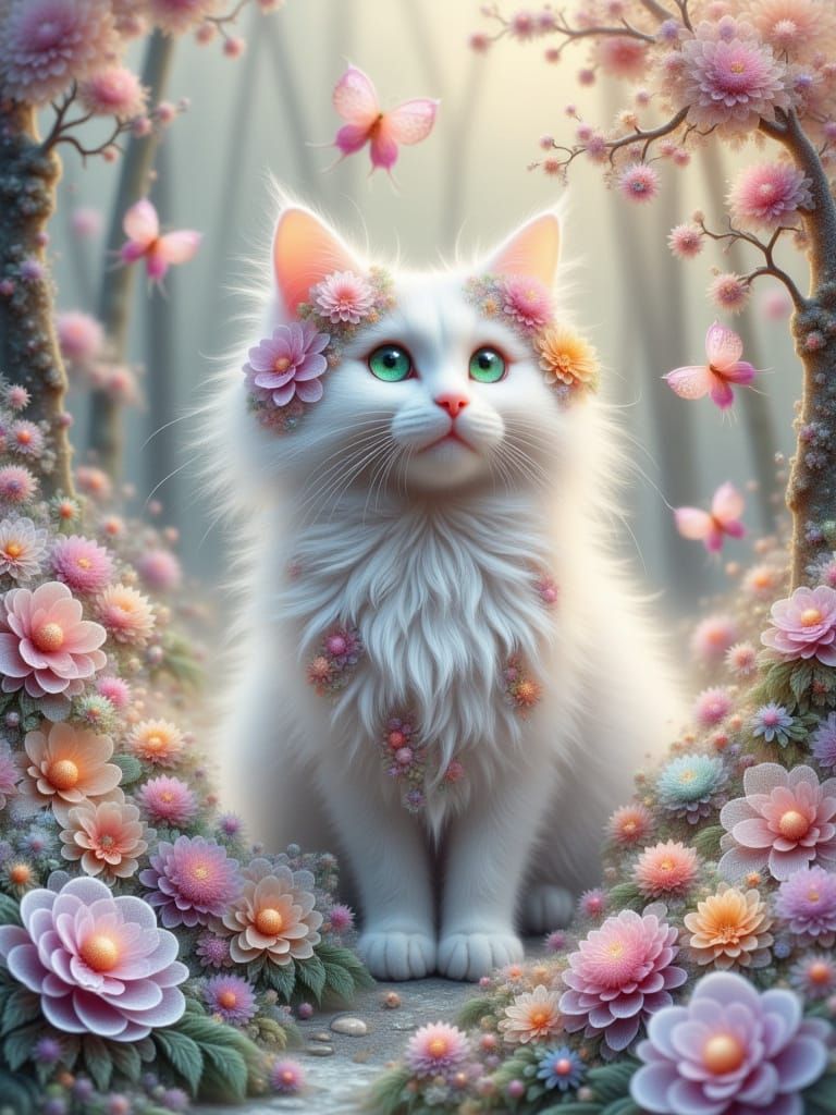 Fractal Whimsy: A Dreamy Landscape with White Cat and Butter...
