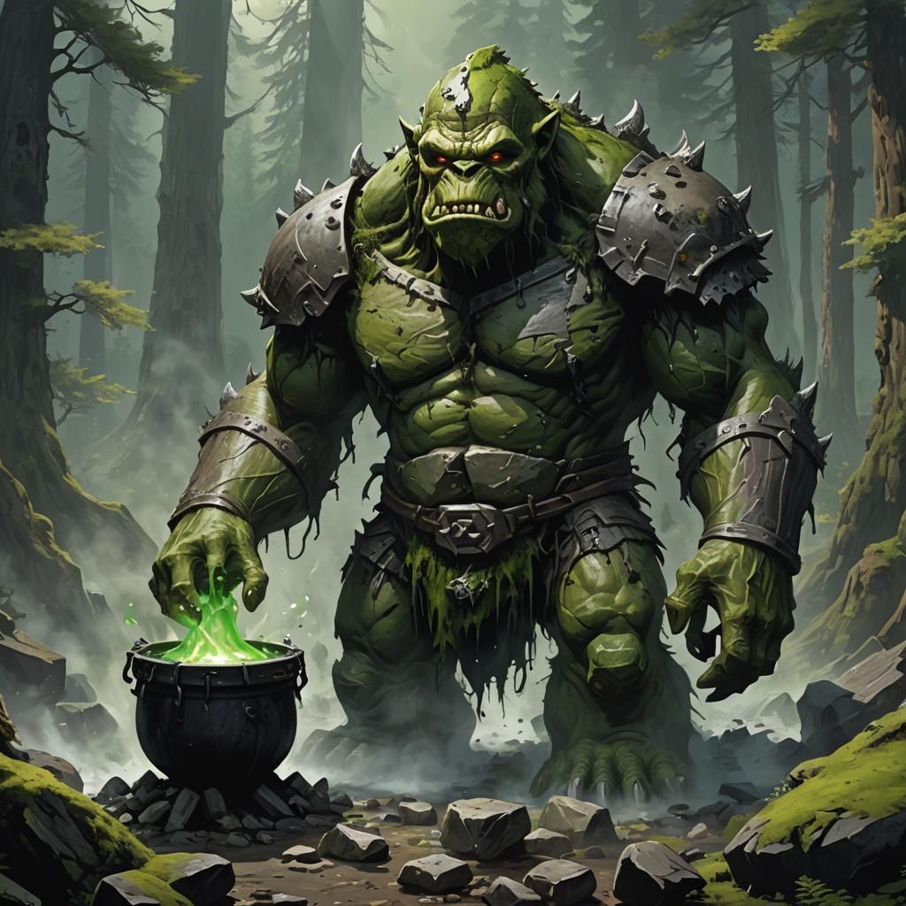 Stone Golem Troll with Boiling Cauldron