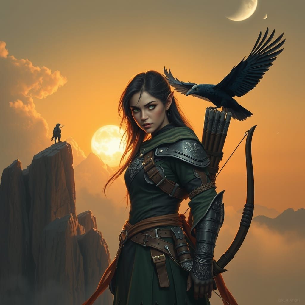 Elf Ranger with Raven in Fantasy Art Style