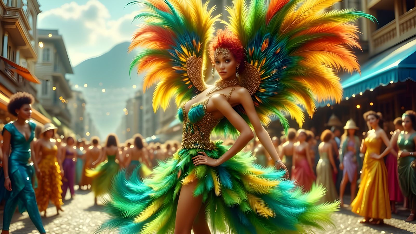 Carnaval Dancer in Vibrant Feathered Costume