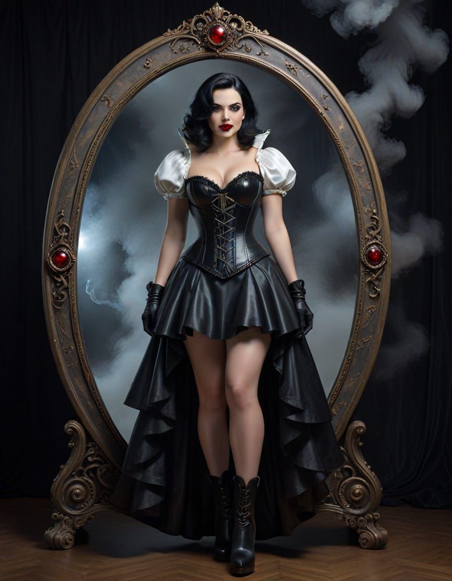 Ominous Snow White in Leather Supervillain Attire