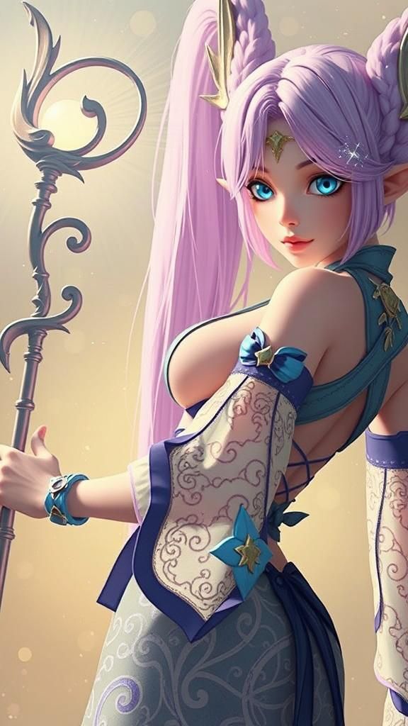 Anime Elven Mage with Pink Pigtails and Lace Outfit