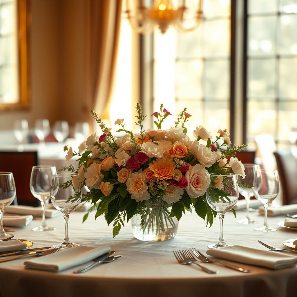 Elegant Restaurant Dinner Table with Floral Arrangement