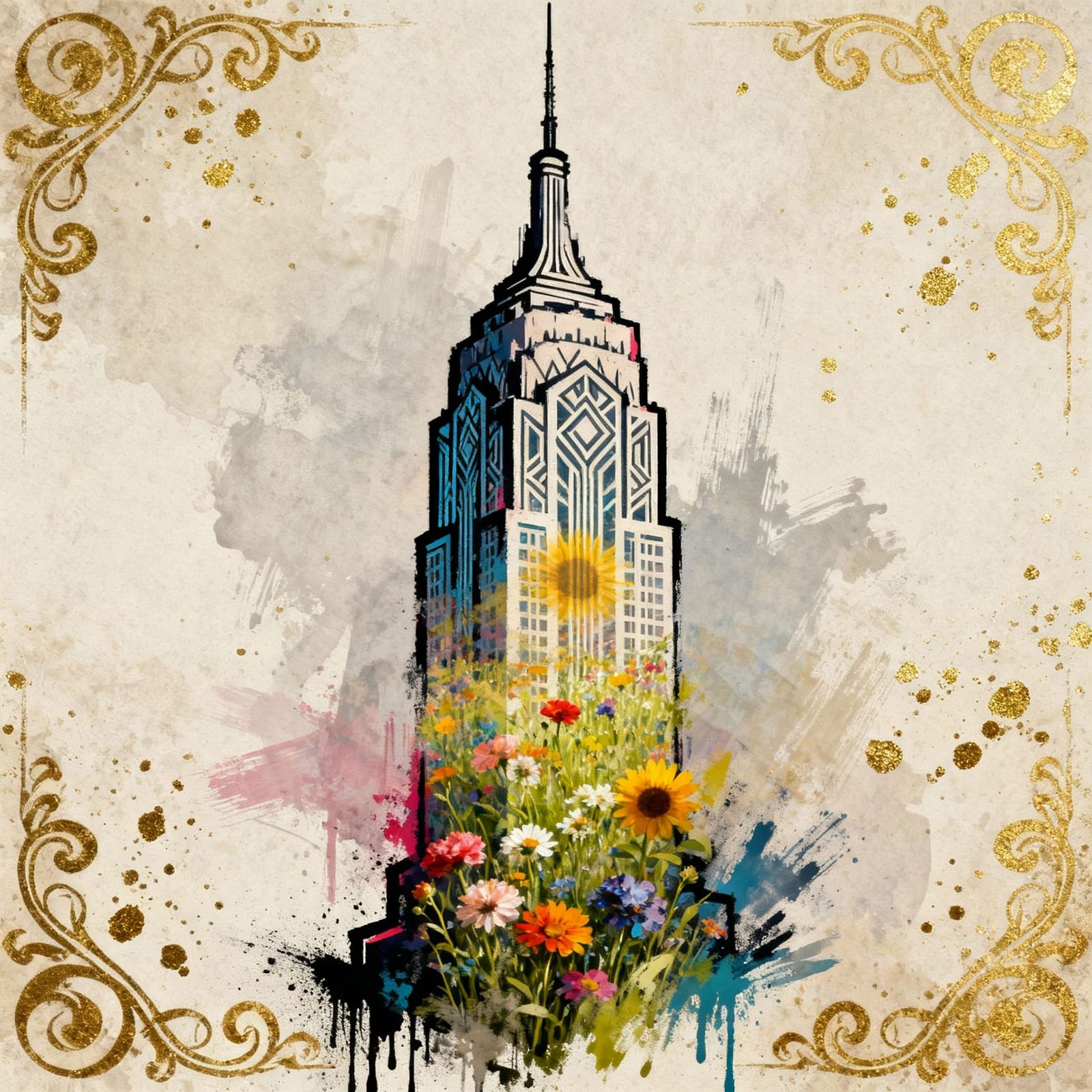 Art Deco Skyscraper Double Exposure with Floral Meadow