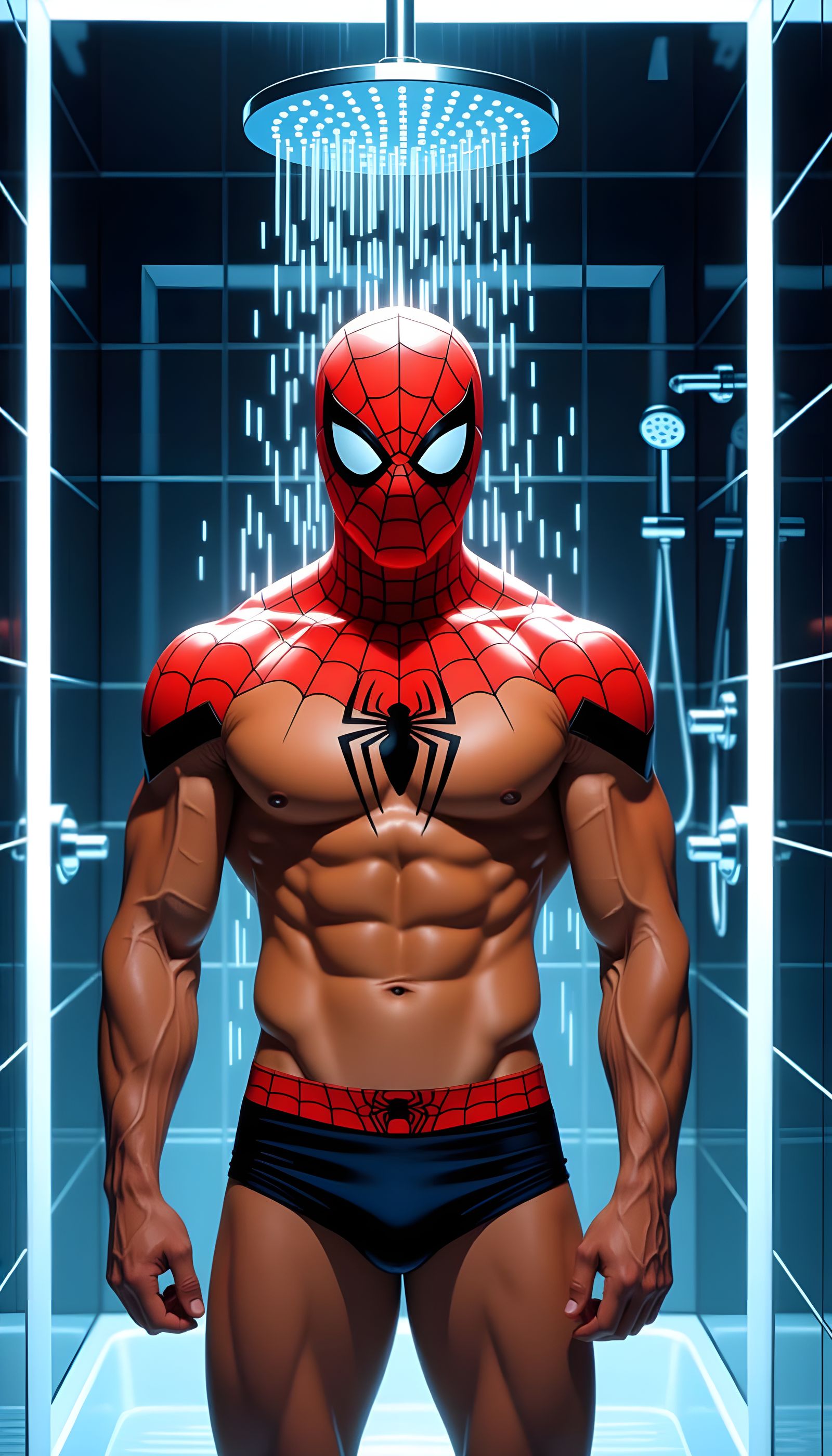Muscular Model in Spiderman Mask in Shower