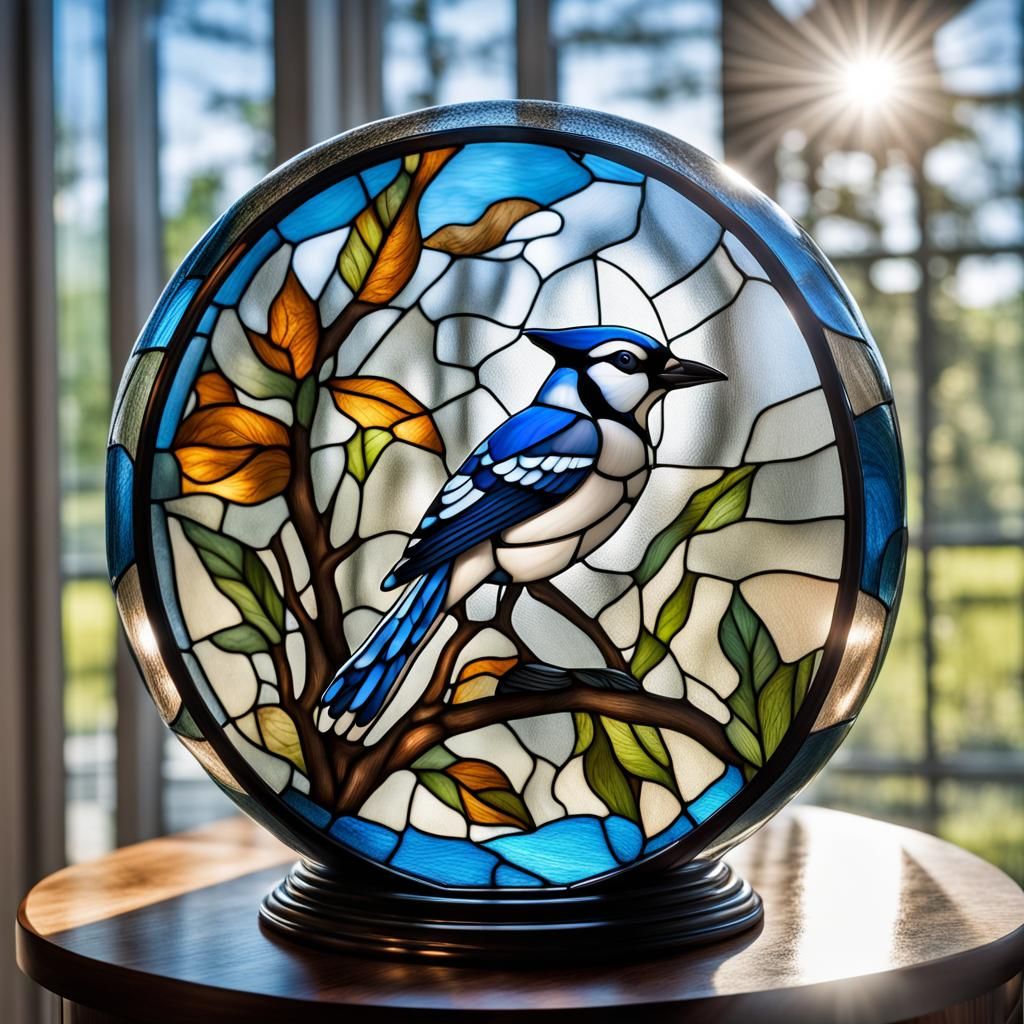 Hyperrealistic Stained Glass Blue Jay in Sunlight