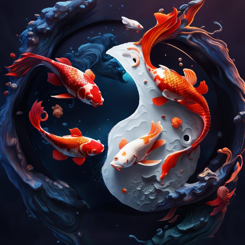 Yin Yang Koi Fish in Space: Detailed Digital Art